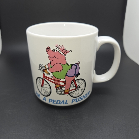RUSS Vintage Coffee Mug I'M A PEDAL PUSHER CERTIFIED FITNESS FREAK PIG BICYCLE - Picture 1 of 8
